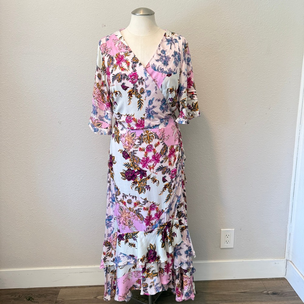Adeline Rae Floral Patchwork Wrap Maxi Dress Flutter Sleeve Ruffle Hem Boho